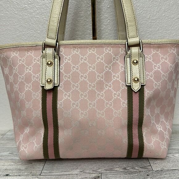 LOW START Gucci Sherry Line GG Pink Canvas Tote With Charms - Picture 5 of 13